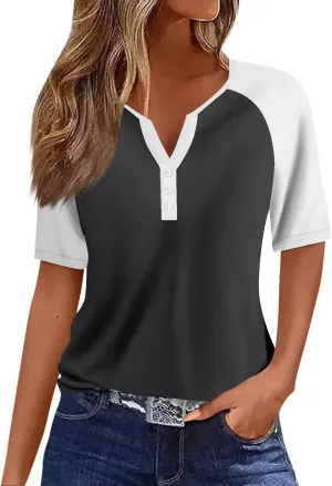 Womens Fashion Henley Raglan Short Sleeve Tops Basic Tunic T-Shirts Casual Button Down Half Sleeve Blouses