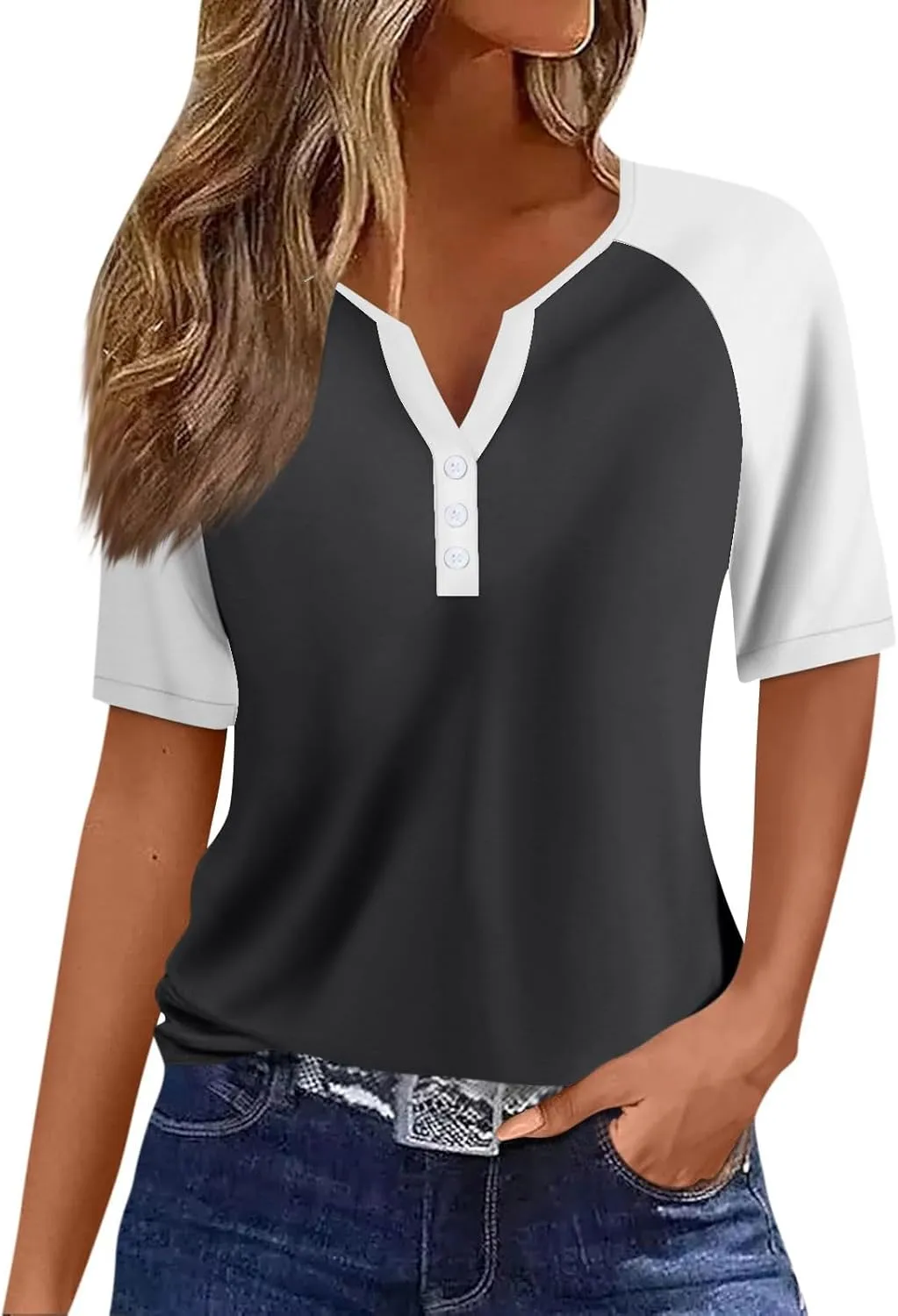 Womens Fashion Henley Raglan Short Sleeve Tops Basic Tunic T-Shirts Casual Button Down Half Sleeve Blouses