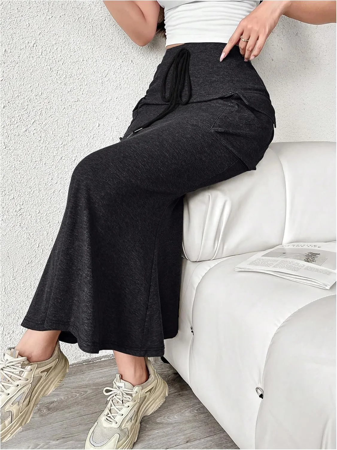 Women's Fishtail Skirts Cargo High Waisted Drawstring Knitted Bodycon Long Maxi Skirt with Pocket