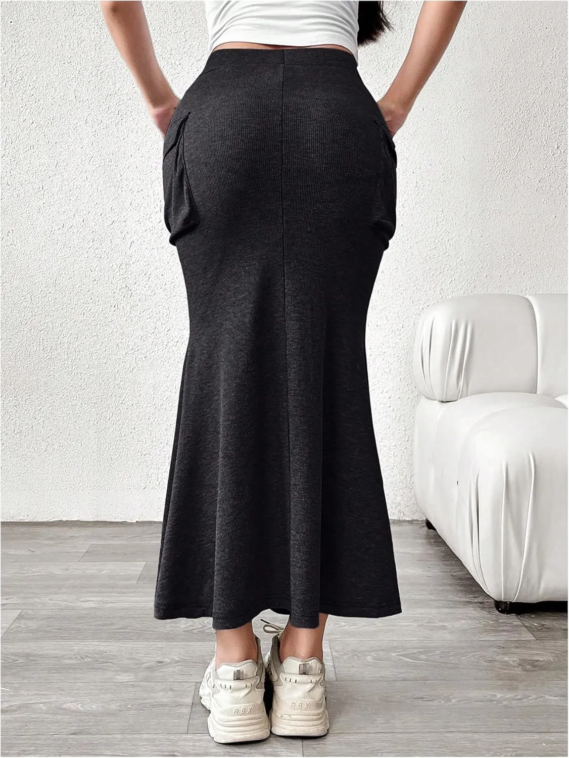 Women's Fishtail Skirts Cargo High Waisted Drawstring Knitted Bodycon Long Maxi Skirt with Pocket