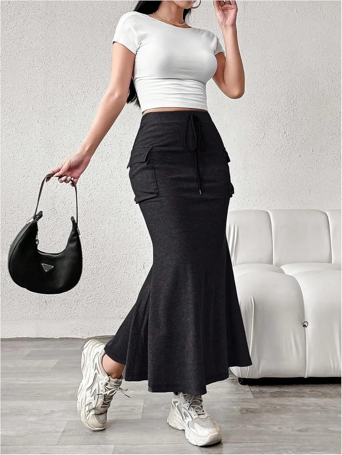 Women's Fishtail Skirts Cargo High Waisted Drawstring Knitted Bodycon Long Maxi Skirt with Pocket