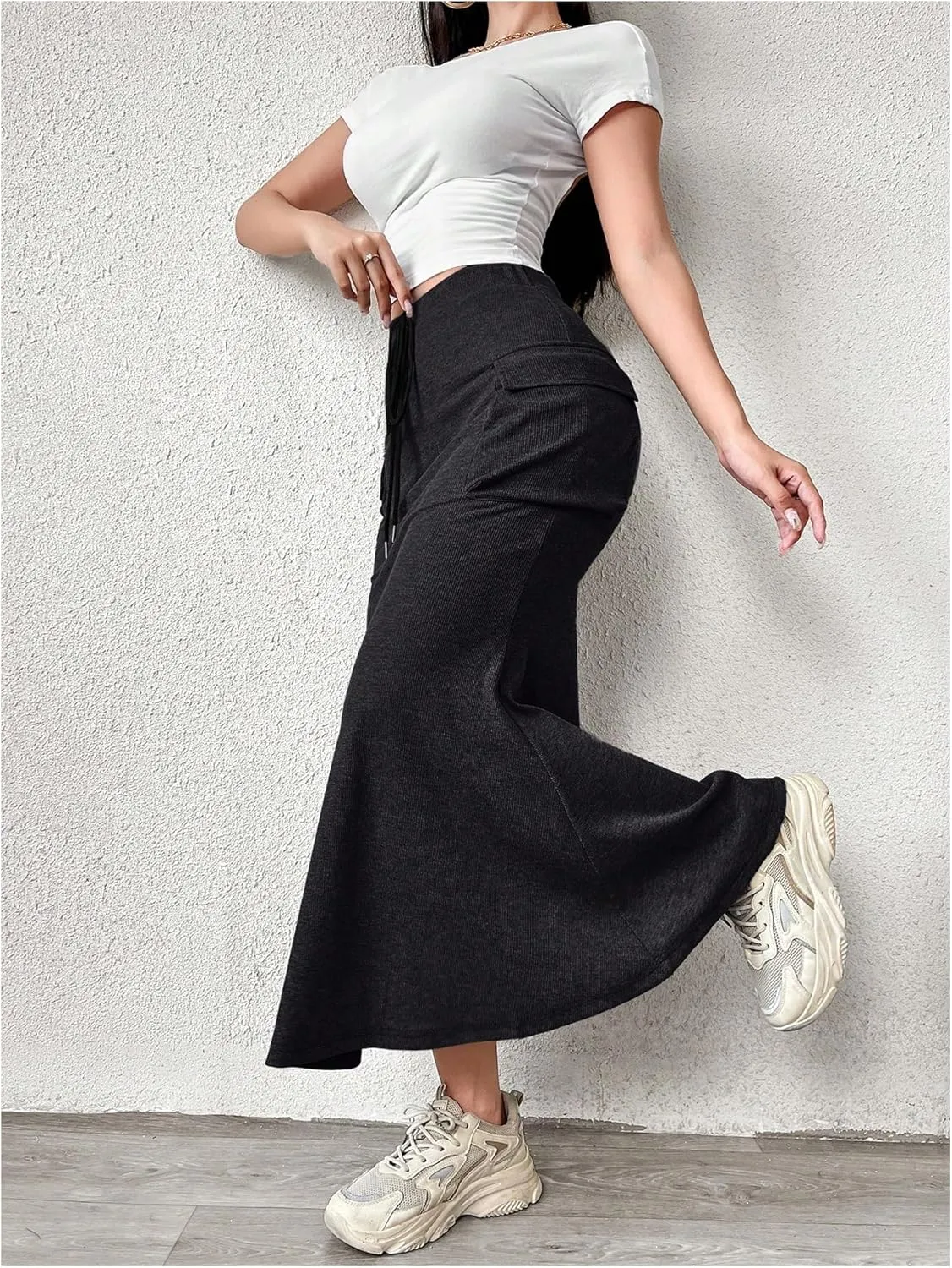Women's Fishtail Skirts Cargo High Waisted Drawstring Knitted Bodycon Long Maxi Skirt with Pocket