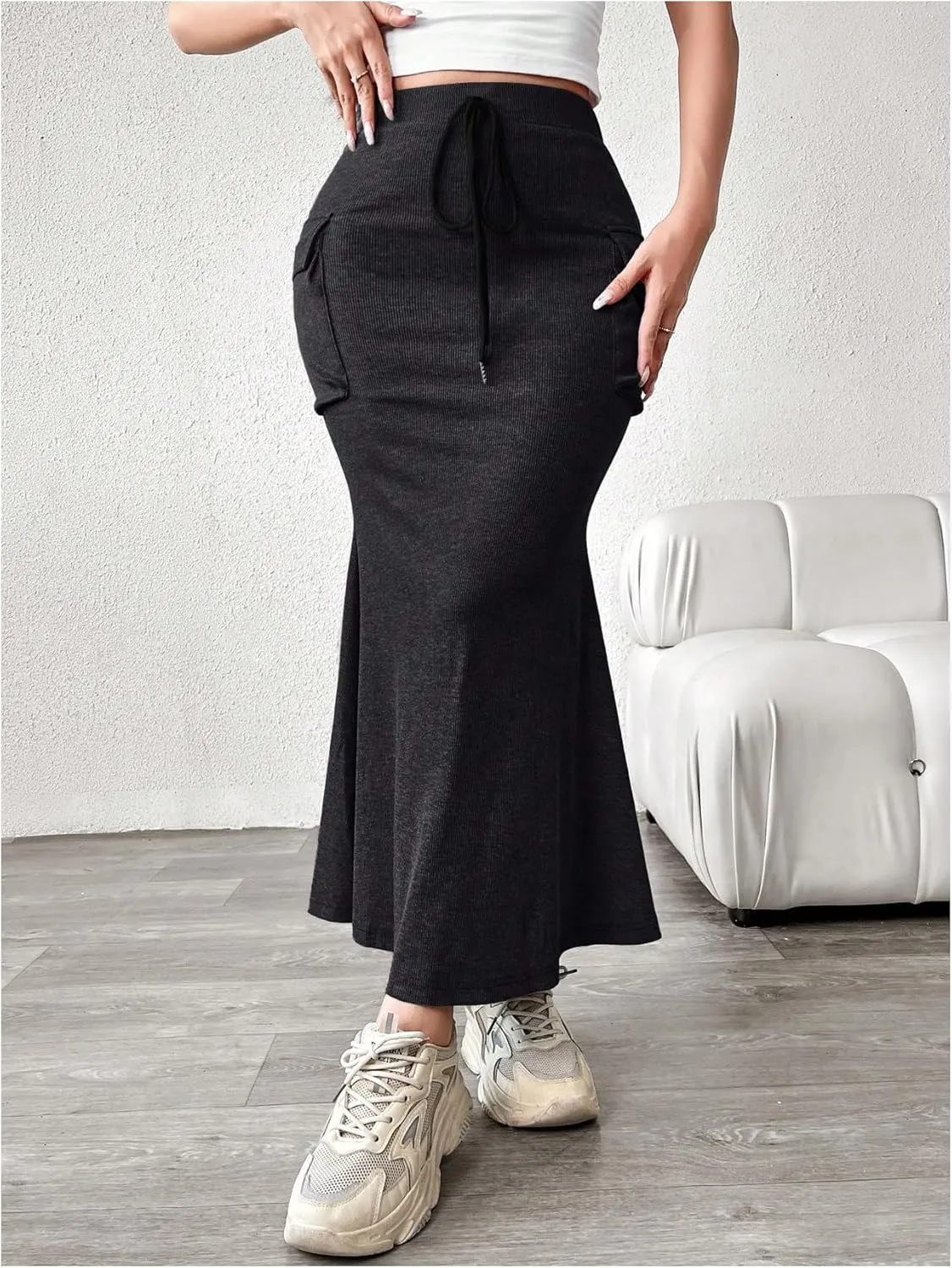 Women's Fishtail Skirts Cargo High Waisted Drawstring Knitted Bodycon Long Maxi Skirt with Pocket