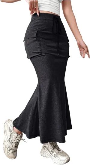 Women's Fishtail Skirts Cargo High Waisted Drawstring Knitted Bodycon Long Maxi Skirt with Pocket
