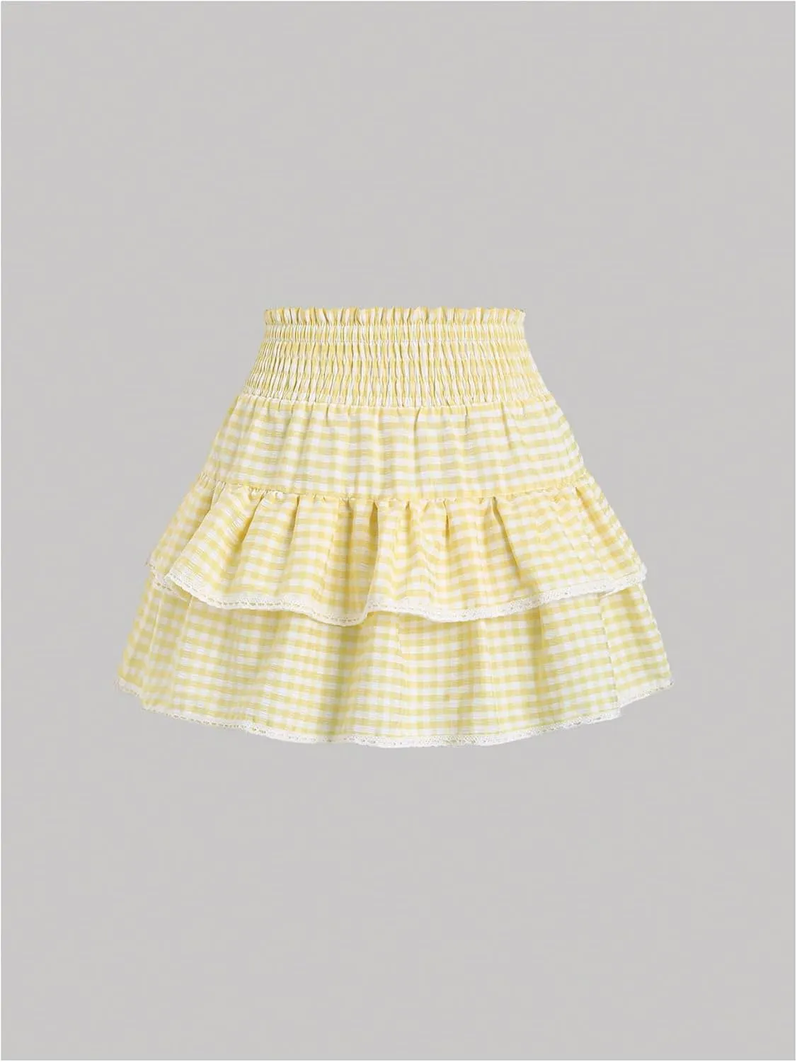 Women's Gingham Plaid Mini Skirt - High Waist A-Line Cake Skirt With Lace Hem