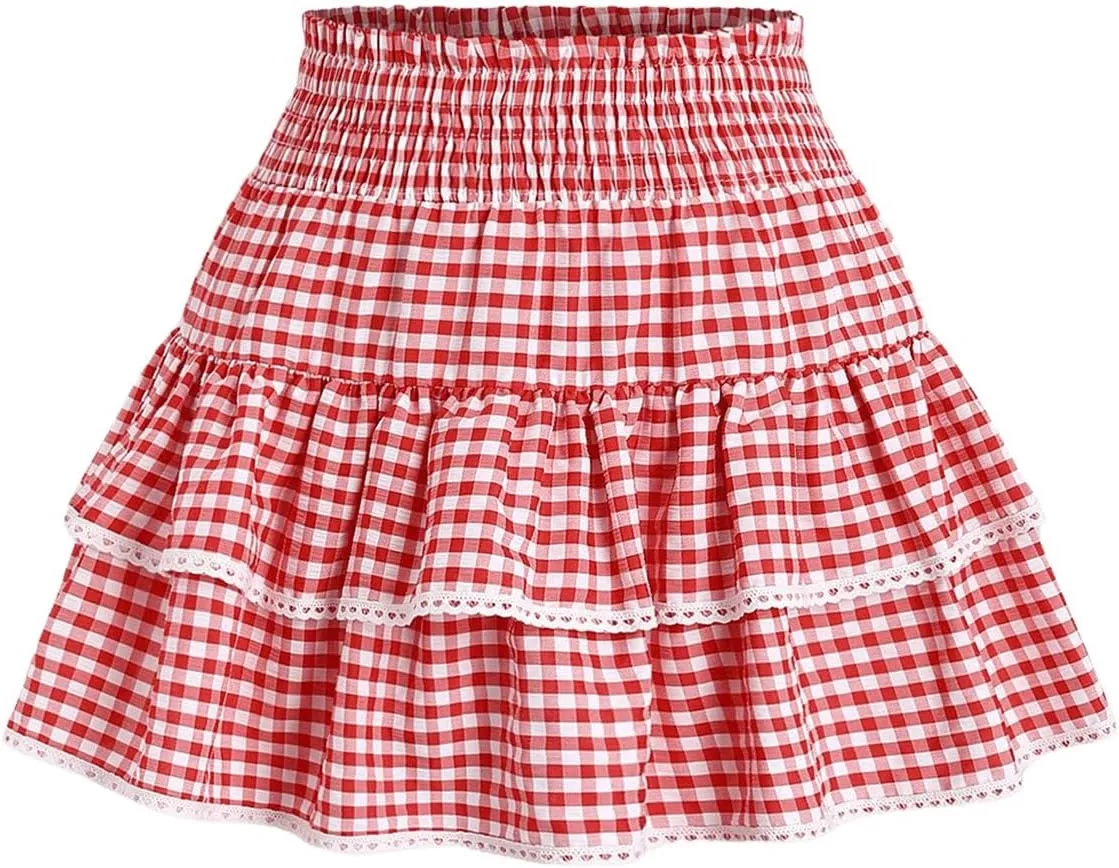 Women's Gingham Plaid Mini Skirt - High Waist A-Line Cake Skirt With Lace Hem