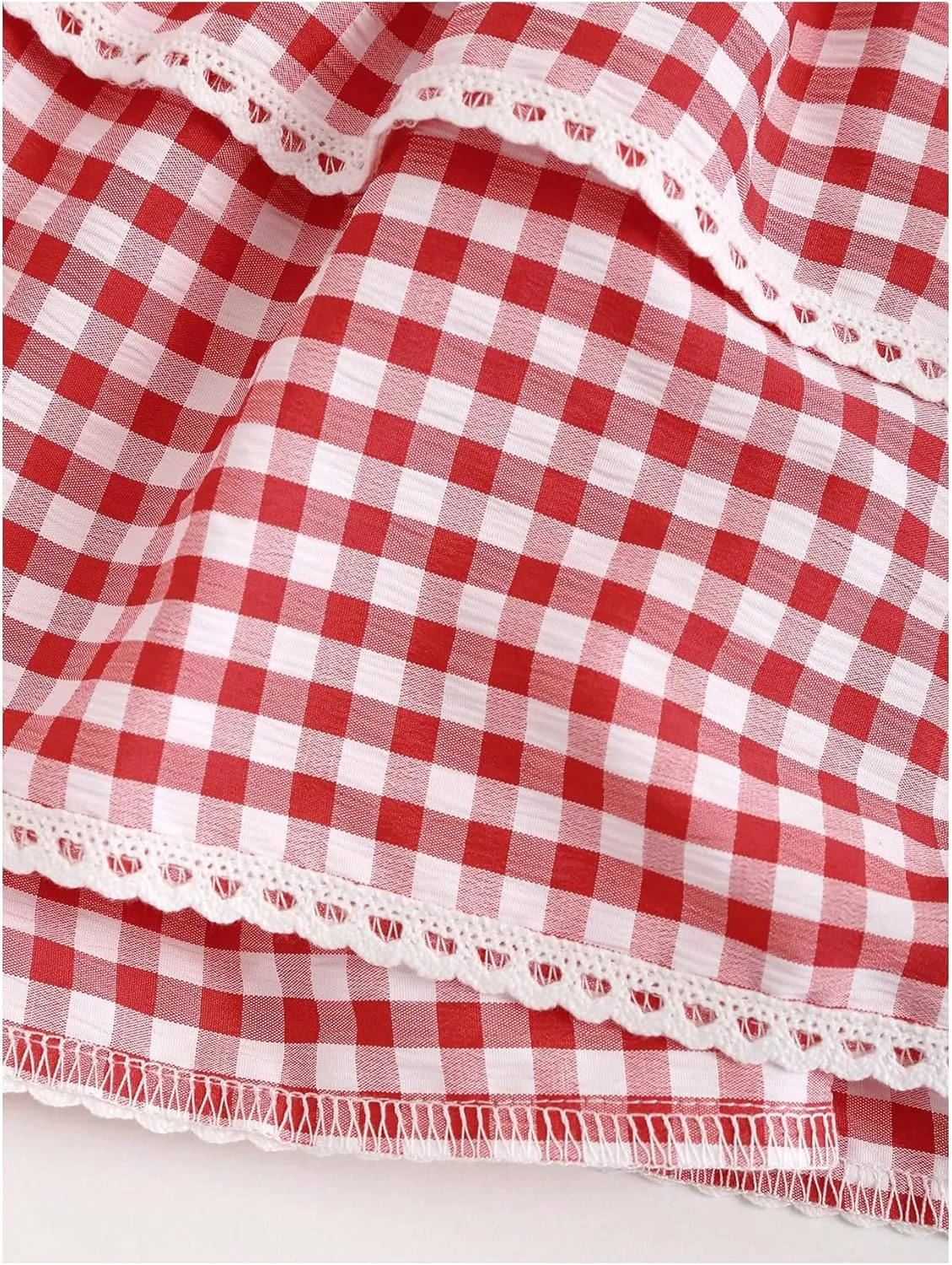 Women's Gingham Plaid Mini Skirt - High Waist A-Line Cake Skirt With Lace Hem