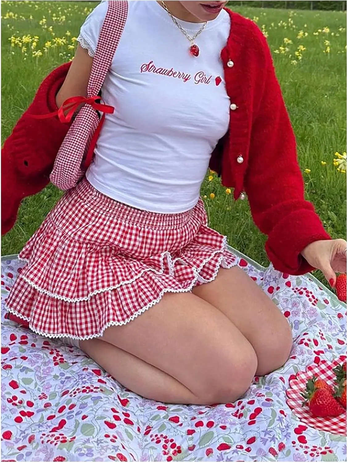 Women's Gingham Plaid Mini Skirt - High Waist A-Line Cake Skirt With Lace Hem