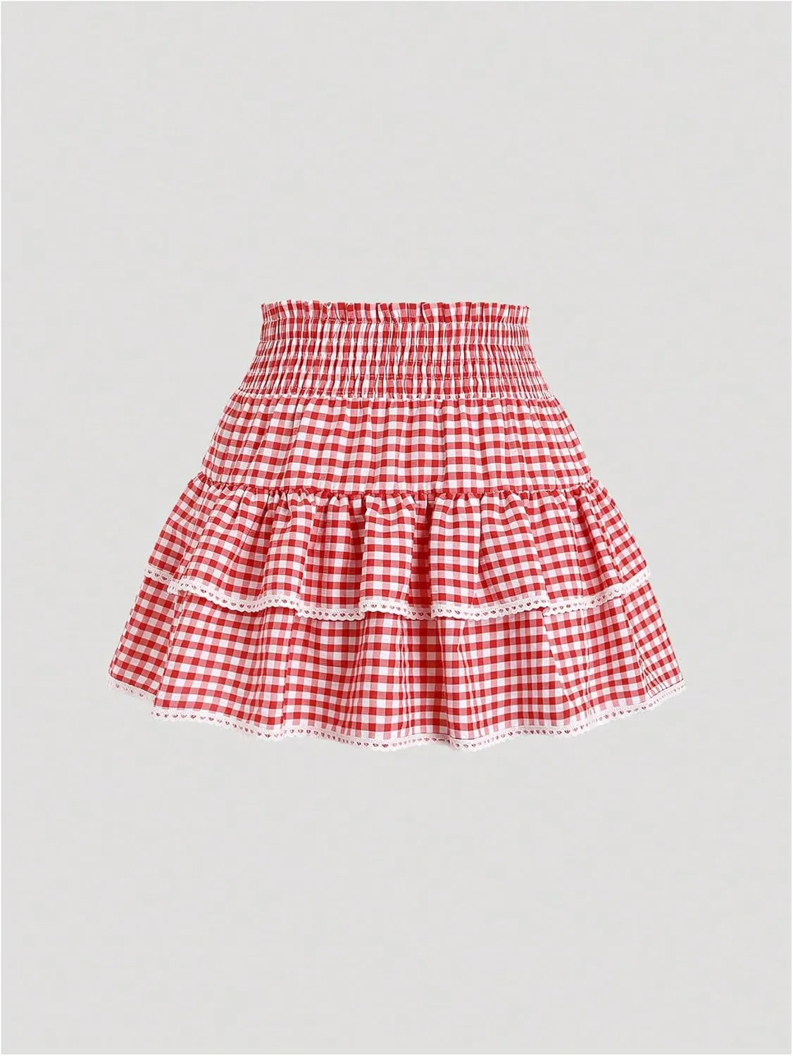 Women's Gingham Plaid Mini Skirt - High Waist A-Line Cake Skirt With Lace Hem