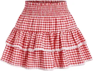 Women's Gingham Plaid Mini Skirt - High Waist A-Line Cake Skirt With Lace Hem