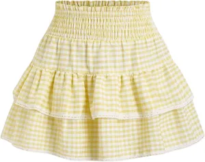 Women's Gingham Plaid Mini Skirt - High Waist A-Line Cake Skirt With Lace Hem