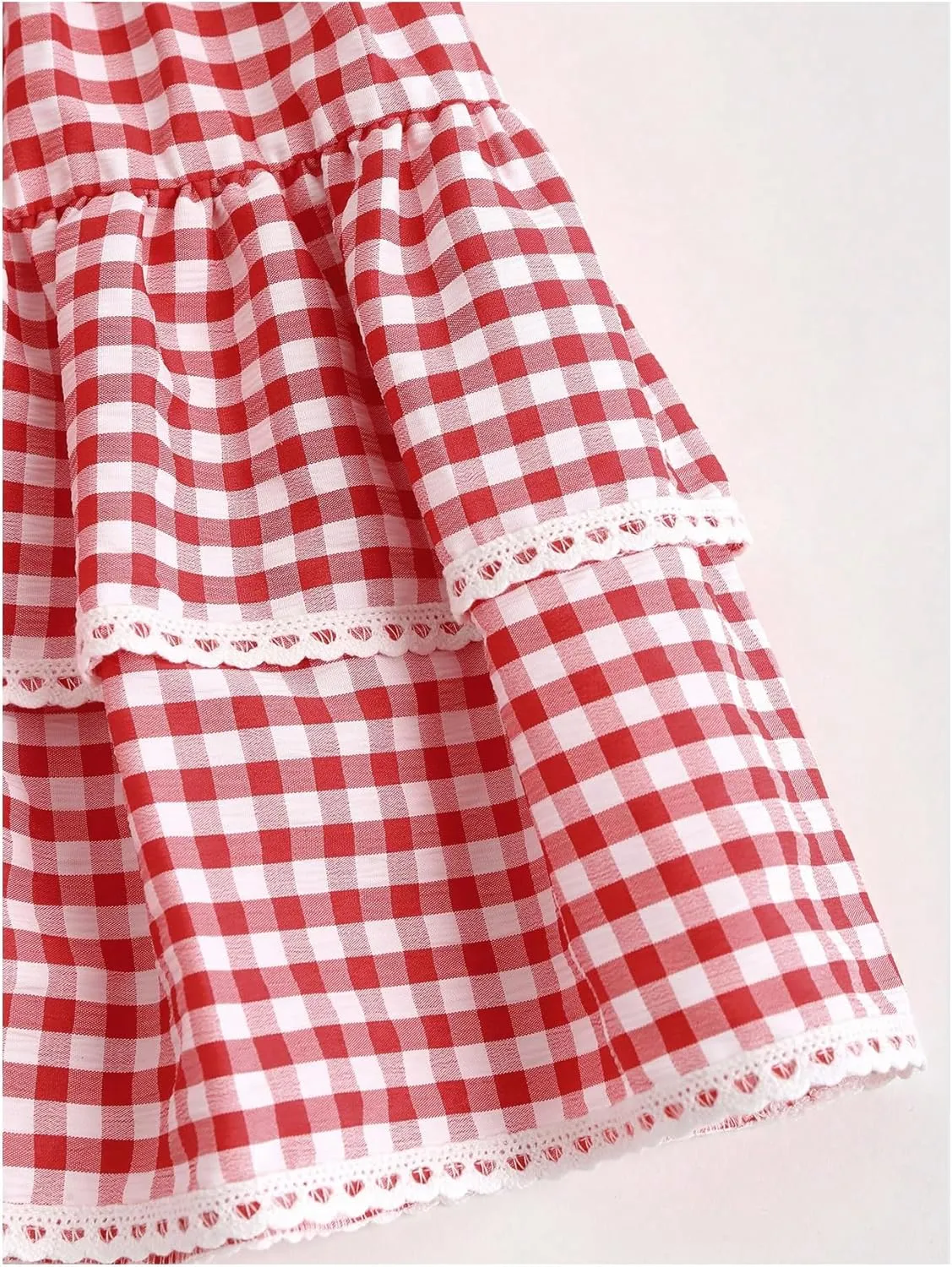 Women's Gingham Plaid Mini Skirt - High Waist A-Line Cake Skirt With Lace Hem