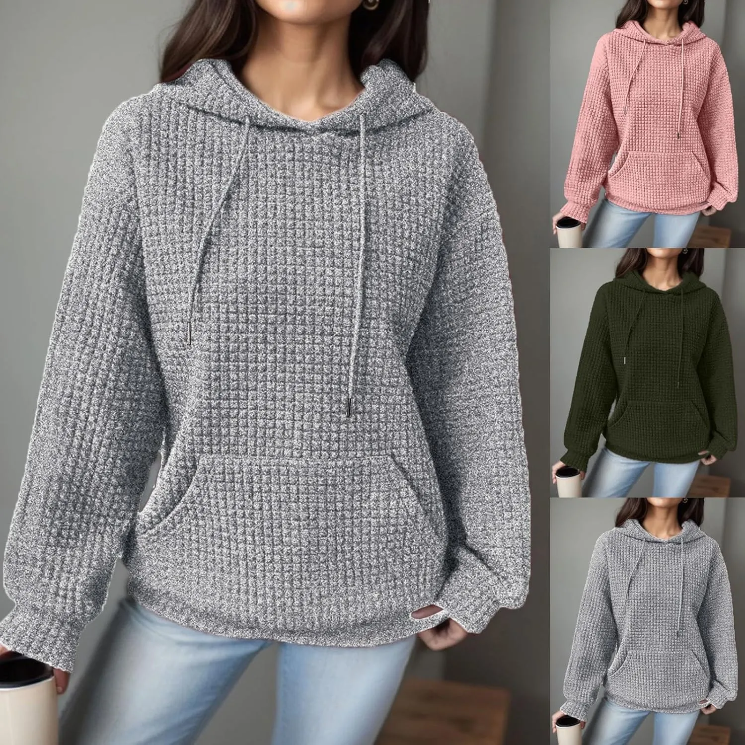 Womens Hoodies Casual Long Sleeve Waffle Knit Hooded Sweatshirts Solid Color Drawstring Pullover Sweaters Warm Tops