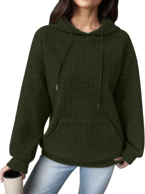 Womens Hoodies Casual Long Sleeve Waffle Knit Hooded Sweatshirts Solid Color Drawstring Pullover Sweaters Warm Tops