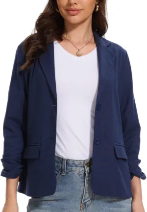 Women's Linen Jacket Blazer 3/4 Ruched Sleeves Lightweight Button Lapel 2025 Casual Slim Spring Summer Jackets