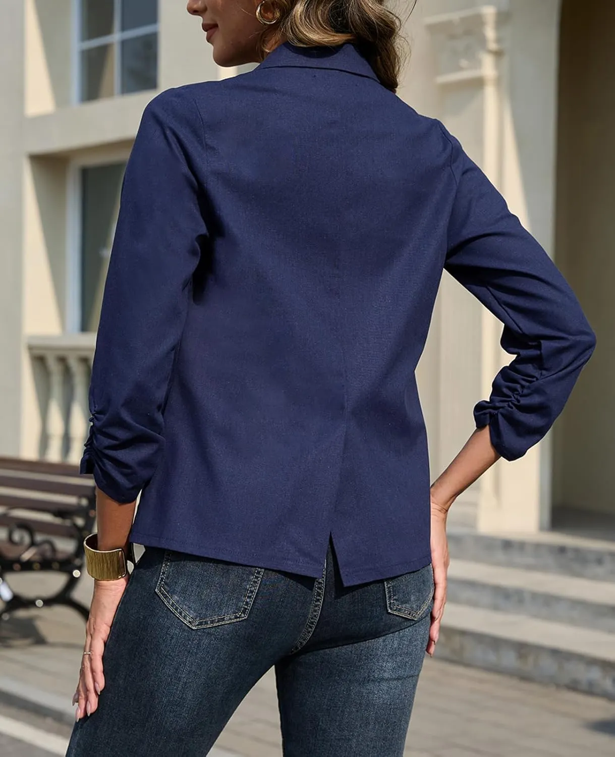 Women's Linen Jacket Blazer 3/4 Ruched Sleeves Lightweight Button Lapel 2025 Casual Slim Spring Summer Jackets