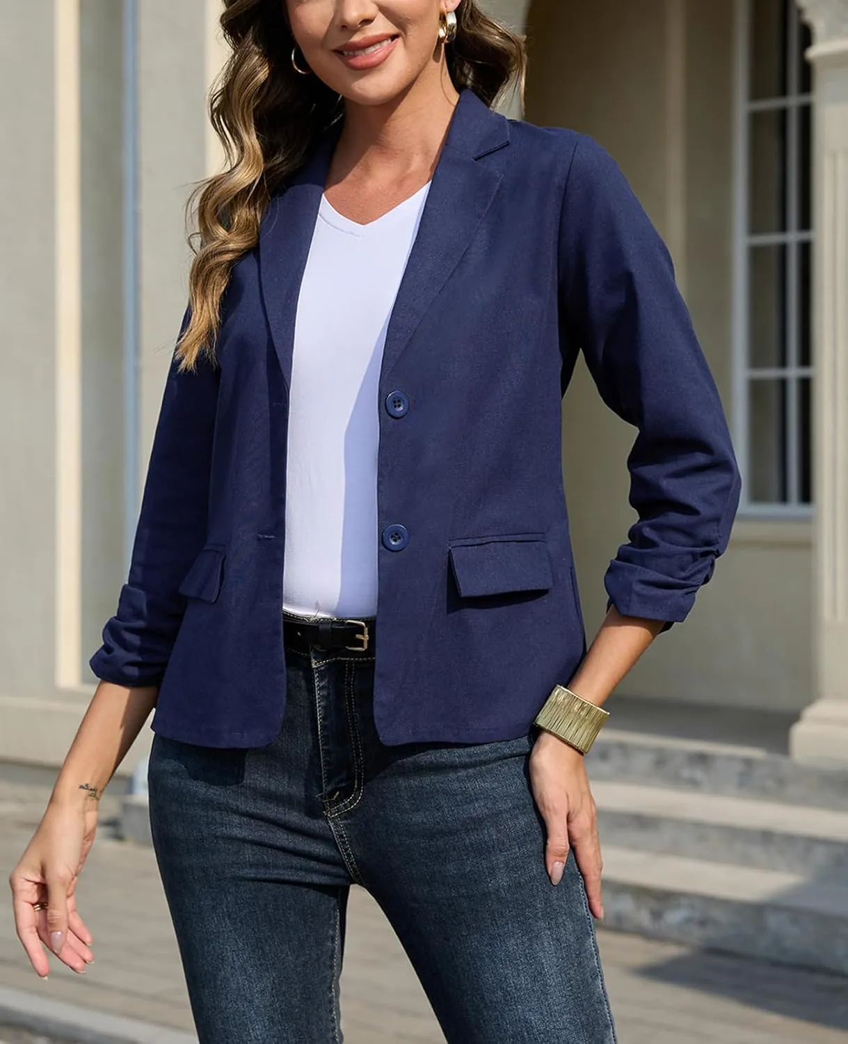Women's Linen Jacket Blazer 3/4 Ruched Sleeves Lightweight Button Lapel 2025 Casual Slim Spring Summer Jackets