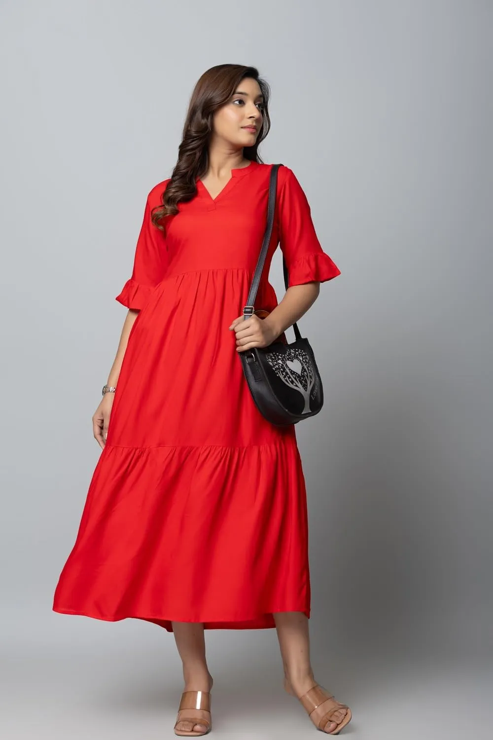 Women's Maxi Dress, Red, V-Neck, 3/4 Bell Sleeves, Tiered Rayon Casual Long Dress