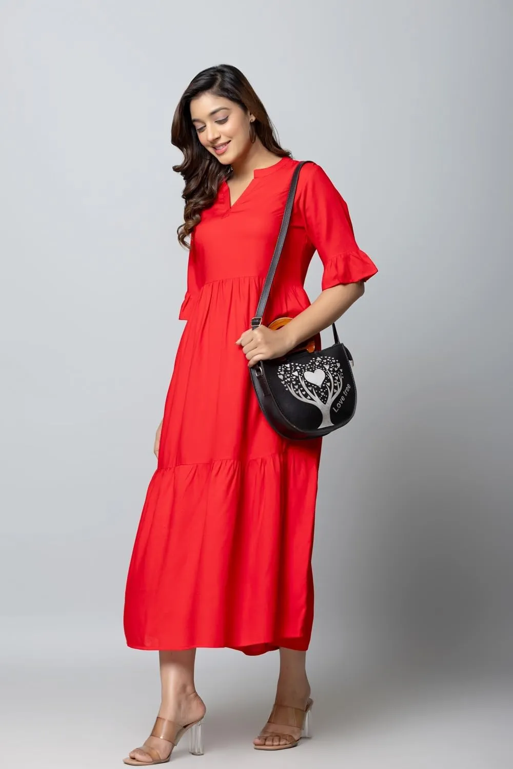 Women's Maxi Dress, Red, V-Neck, 3/4 Bell Sleeves, Tiered Rayon Casual Long Dress