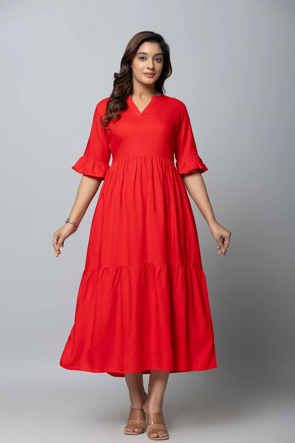 Women's Maxi Dress, Red, V-Neck, 3/4 Bell Sleeves, Tiered Rayon Casual Long Dress