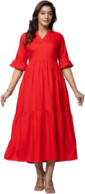 Women's Maxi Dress, Red, V-Neck, 3/4 Bell Sleeves, Tiered Rayon Casual Long Dress