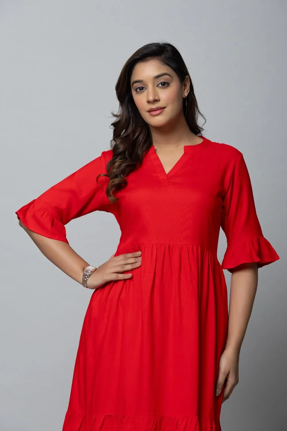 Women's Maxi Dress, Red, V-Neck, 3/4 Bell Sleeves, Tiered Rayon Casual Long Dress