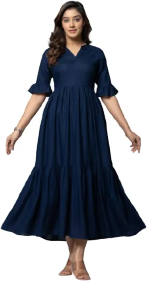 Women's Maxi Dress, Red, V-Neck, 3/4 Bell Sleeves, Tiered Rayon Casual Long Dress