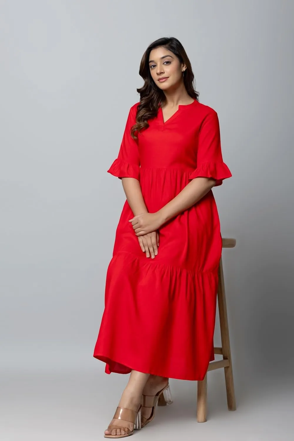 Women's Maxi Dress, Red, V-Neck, 3/4 Bell Sleeves, Tiered Rayon Casual Long Dress
