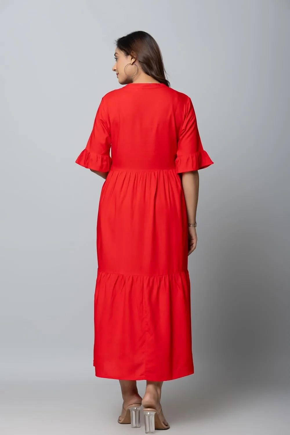 Women's Maxi Dress, Red, V-Neck, 3/4 Bell Sleeves, Tiered Rayon Casual Long Dress
