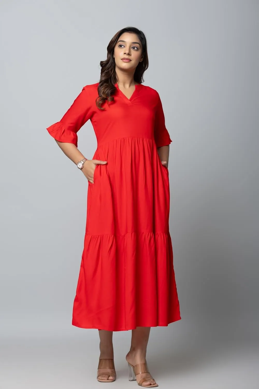 Women's Maxi Dress, Red, V-Neck, 3/4 Bell Sleeves, Tiered Rayon Casual Long Dress