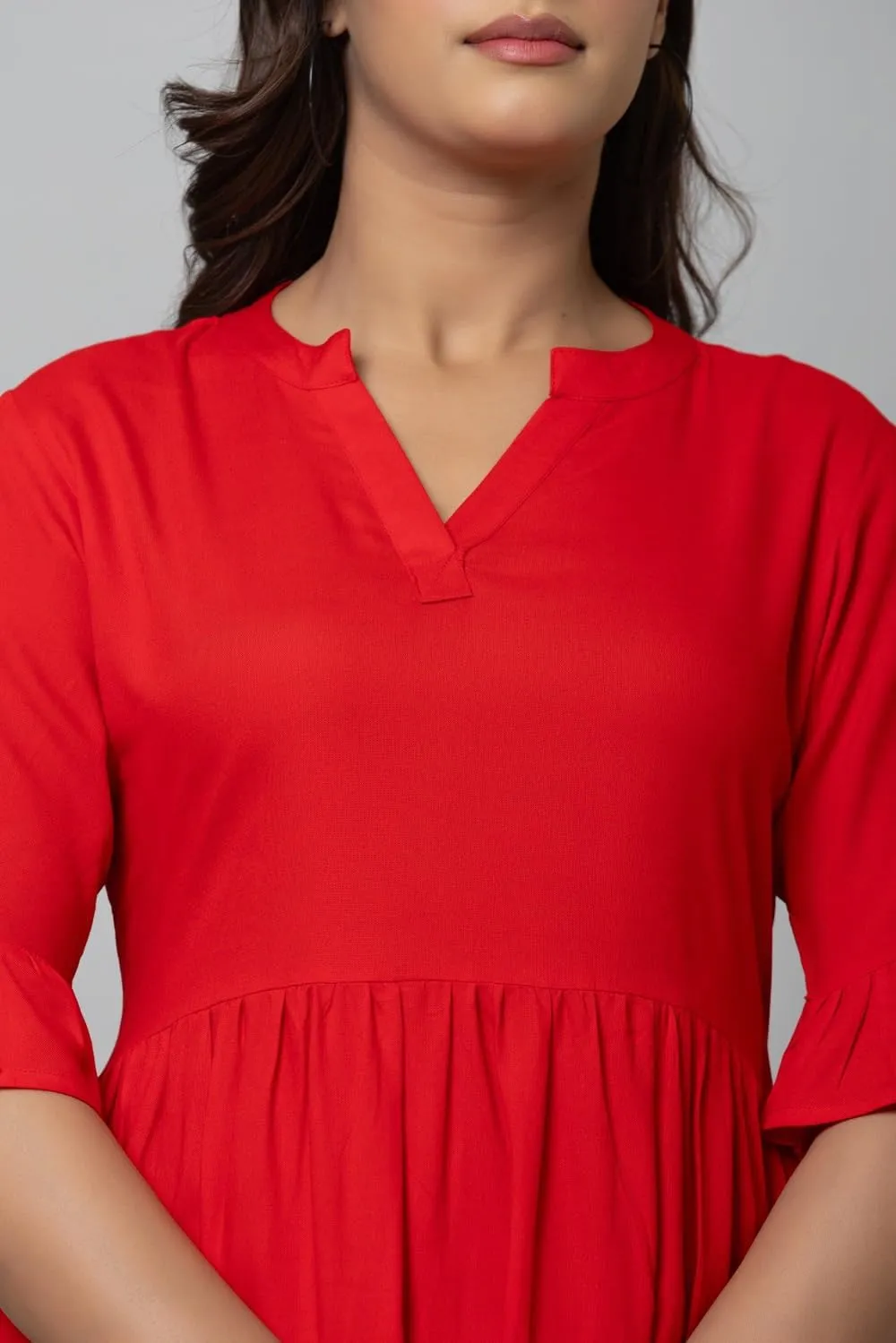 Women's Maxi Dress, Red, V-Neck, 3/4 Bell Sleeves, Tiered Rayon Casual Long Dress