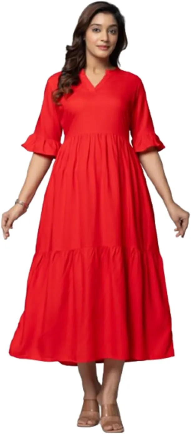 Women's Maxi Dress, Red, V-Neck, 3/4 Bell Sleeves, Tiered Rayon Casual Long Dress