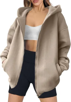 Women's Oversized Hoodies Fleece Lined Zip Up Sweatshrits Casual Fall Jackets Loose Fit Sweatshirt with Pockets