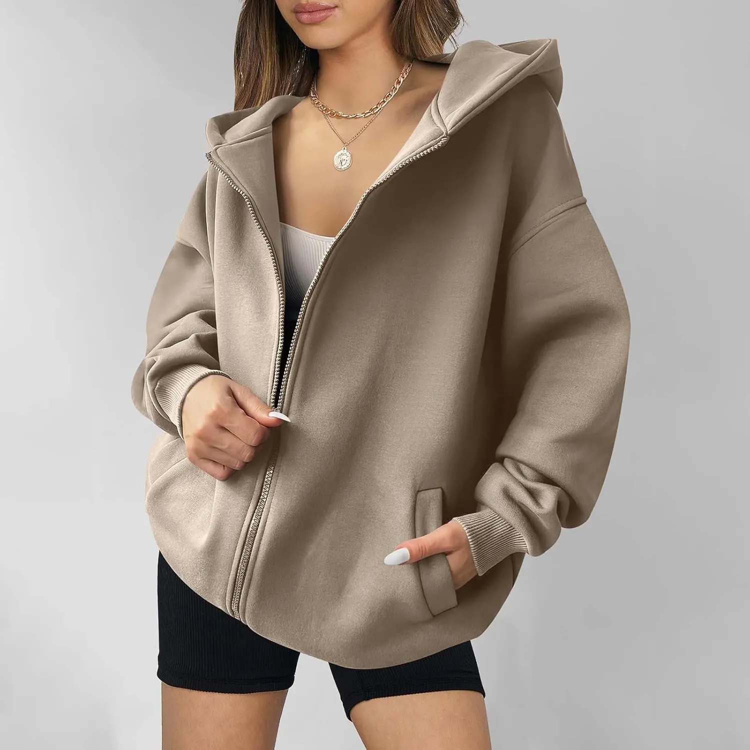 Women's Oversized Hoodies Fleece Lined Zip Up Sweatshrits Casual Fall Jackets Loose Fit Sweatshirt with Pockets