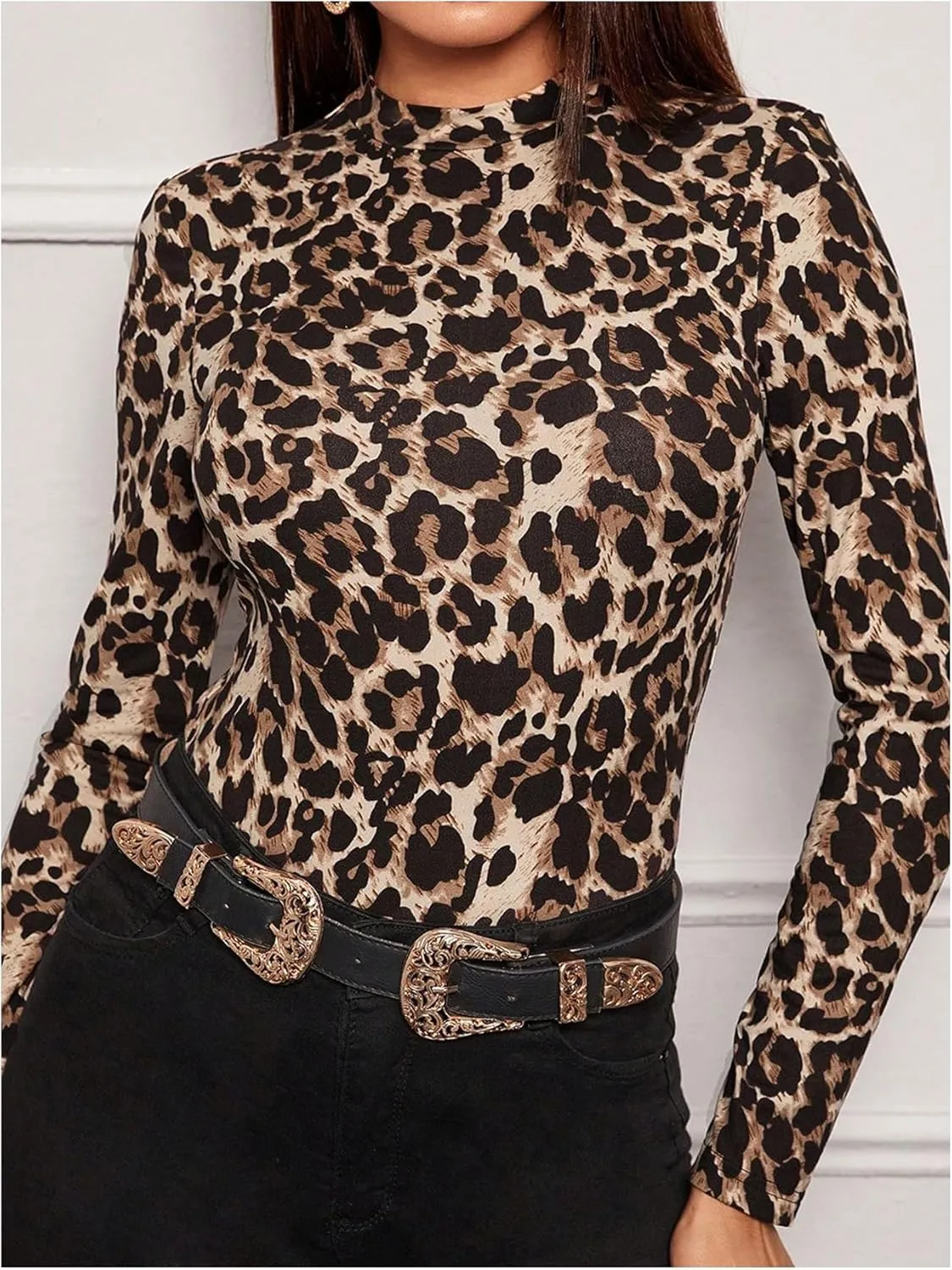 Women's Plus Size Leopard Tops Mock Neck Long Sleeve T Shirts Slim Fit Base Layer Tops