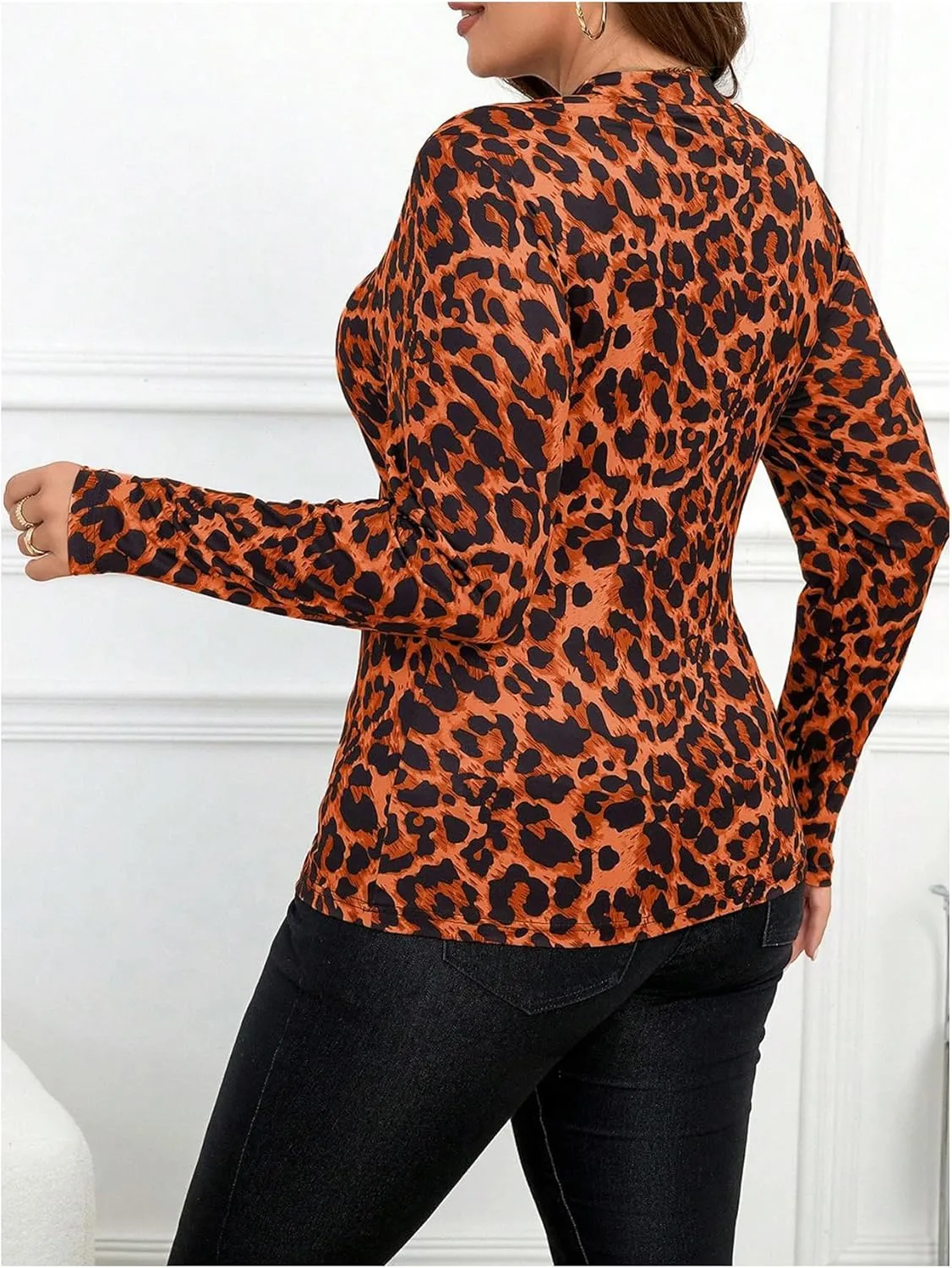 Women's Plus Size Leopard Tops Mock Neck Long Sleeve T Shirts Slim Fit Base Layer Tops