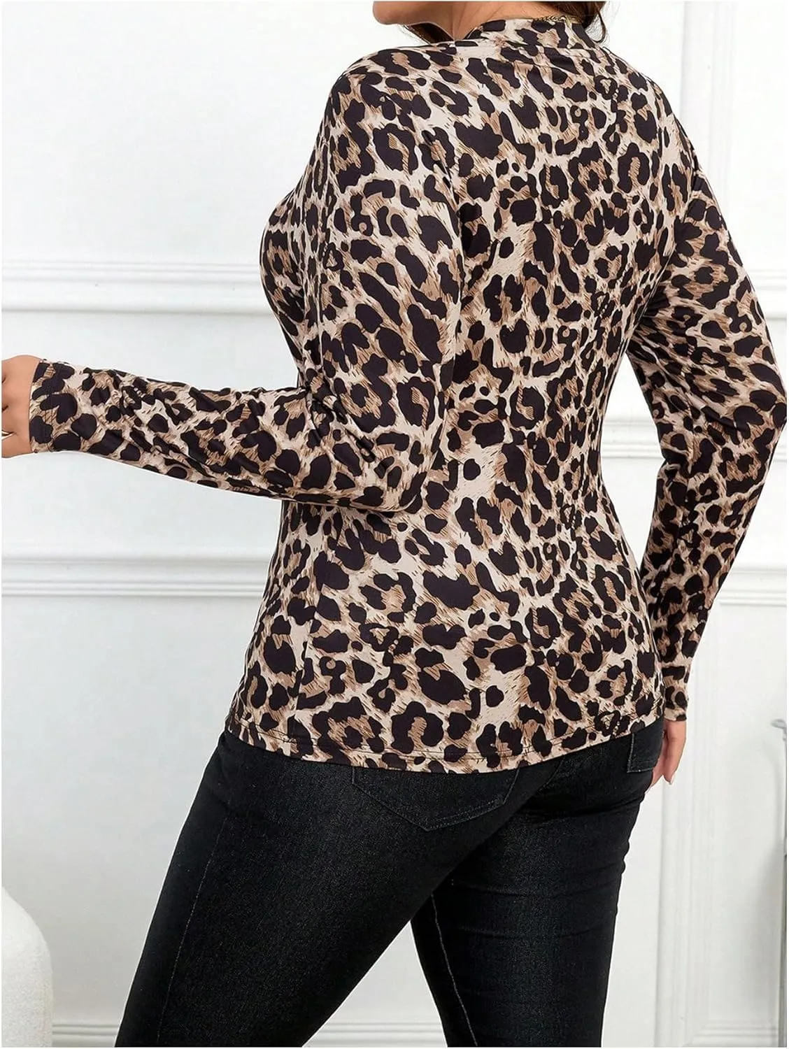 Women's Plus Size Leopard Tops Mock Neck Long Sleeve T Shirts Slim Fit Base Layer Tops