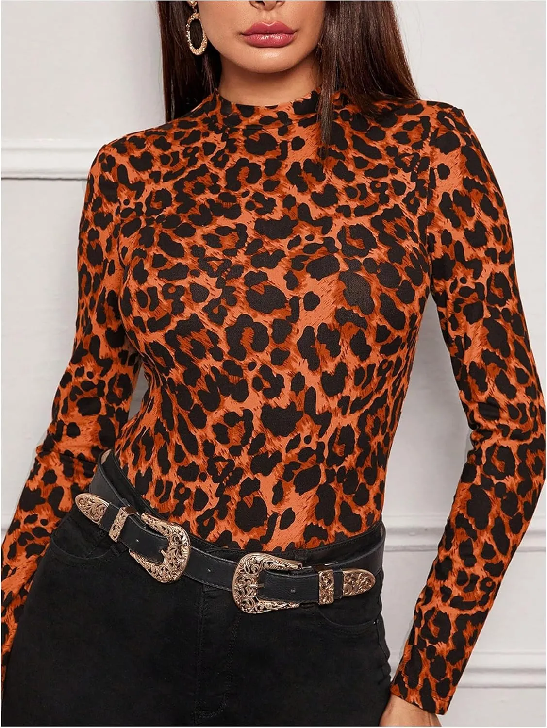 Women's Plus Size Leopard Tops Mock Neck Long Sleeve T Shirts Slim Fit Base Layer Tops