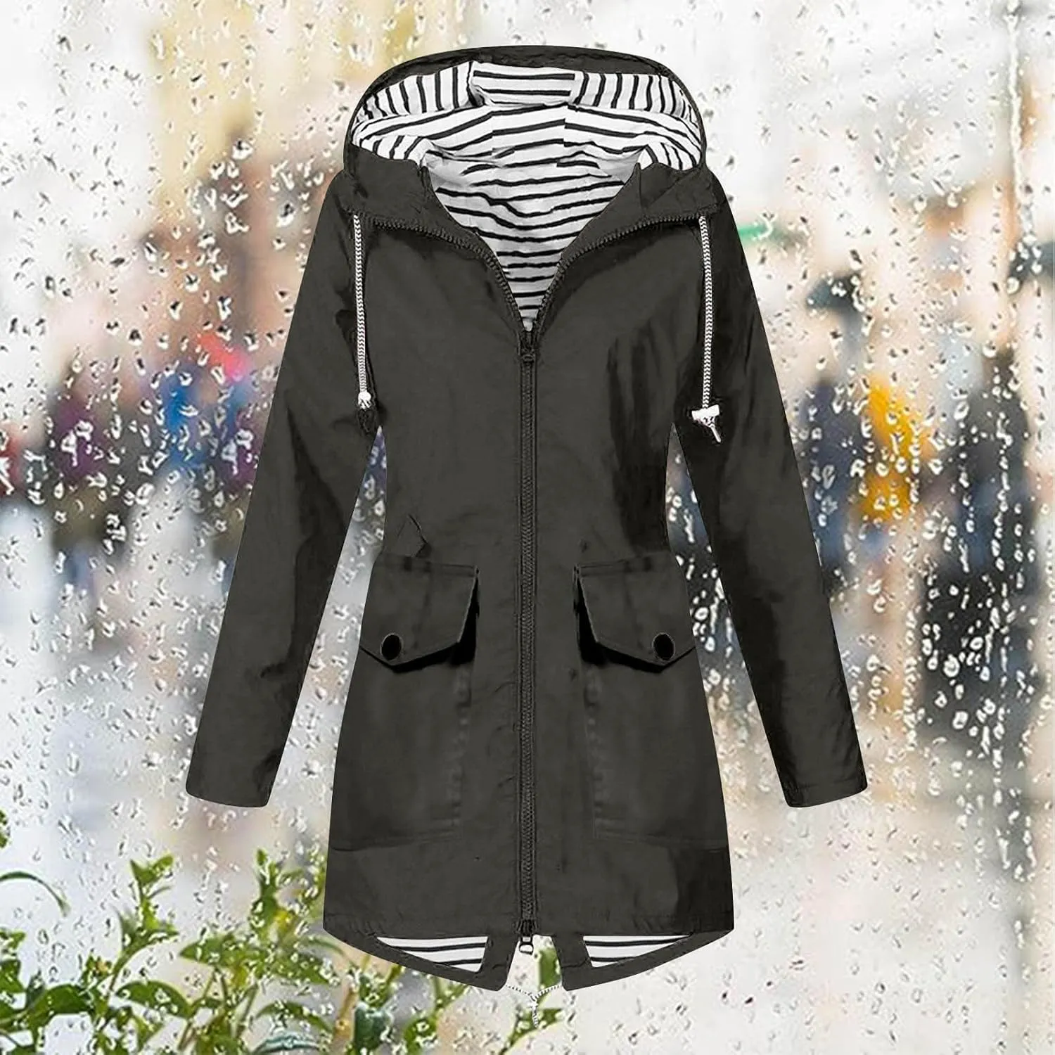 Womens Raincoat Windbreaker Jackets Outdoor Waterproof Lightweight Hooded Rain Coat Windproof Trench Jacket Coat 2024