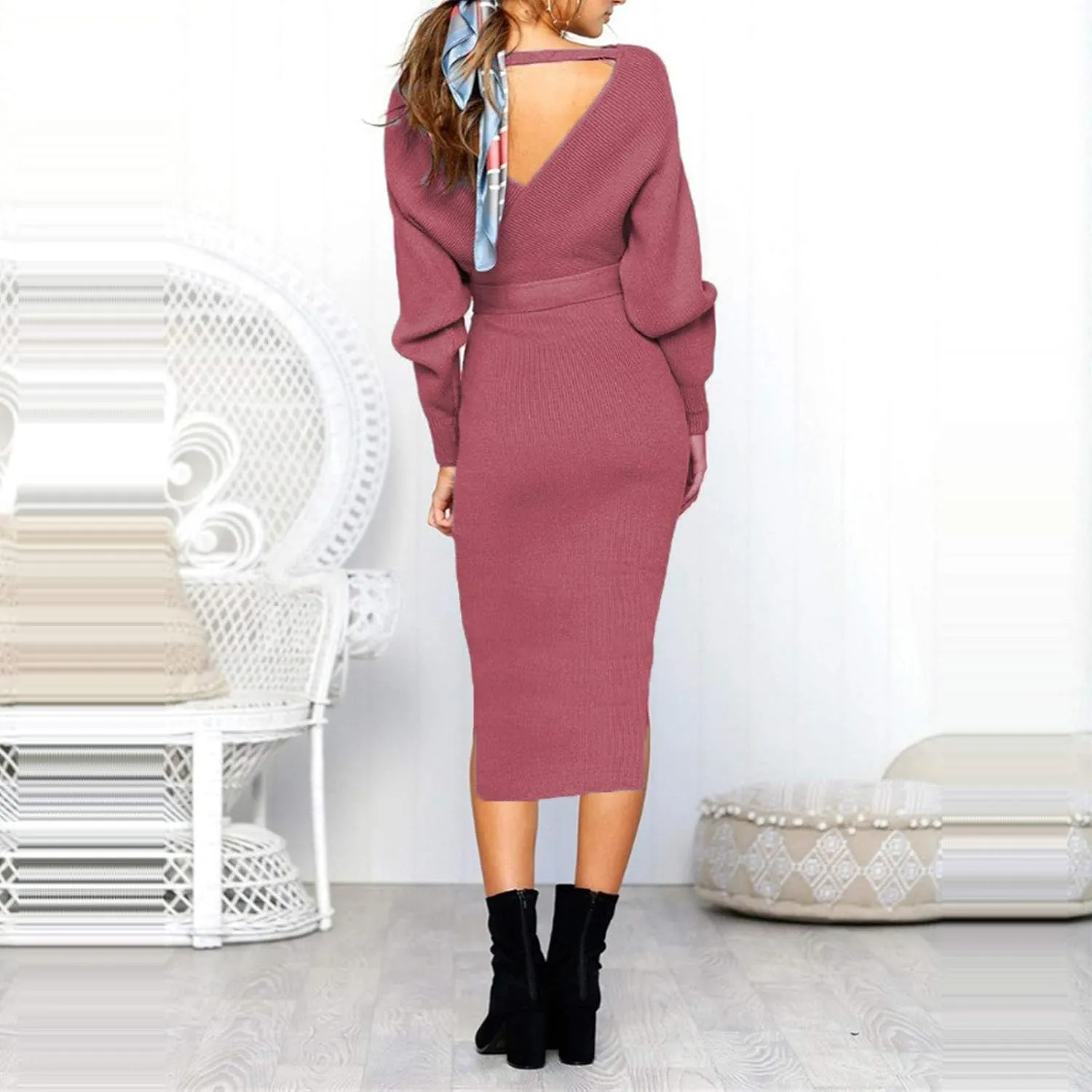 Women's Sexy Cocktail Batwing Long Sleeve Wrap Knit Sweater Dress Fashion V Neck Bodycon Pencil Midi Dresses