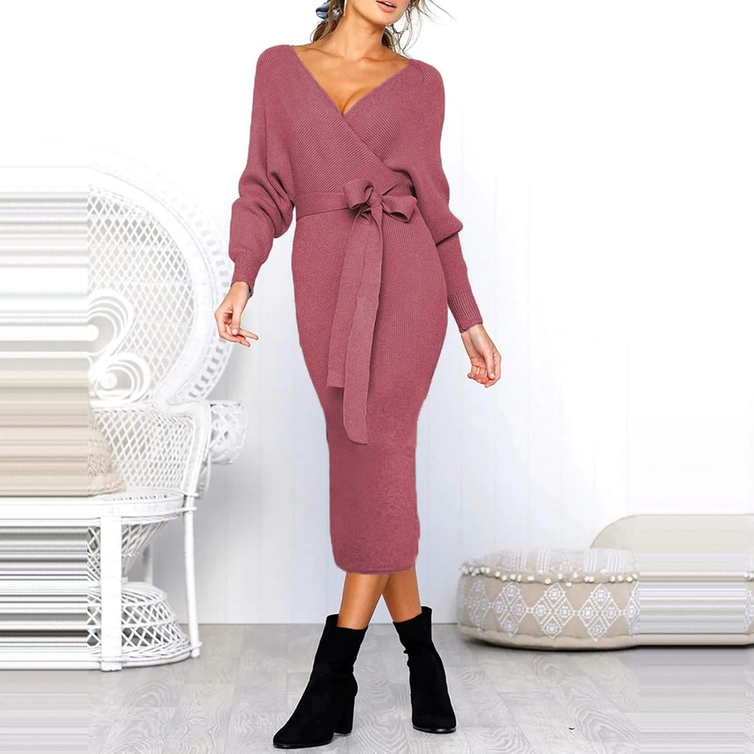 Women's Sexy Cocktail Batwing Long Sleeve Wrap Knit Sweater Dress Fashion V Neck Bodycon Pencil Midi Dresses