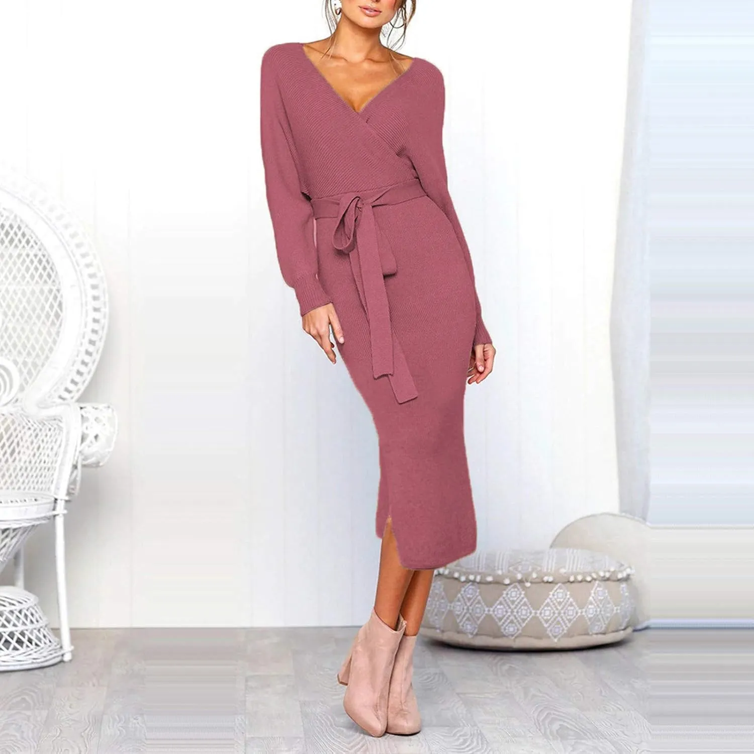 Women's Sexy Cocktail Batwing Long Sleeve Wrap Knit Sweater Dress Fashion V Neck Bodycon Pencil Midi Dresses