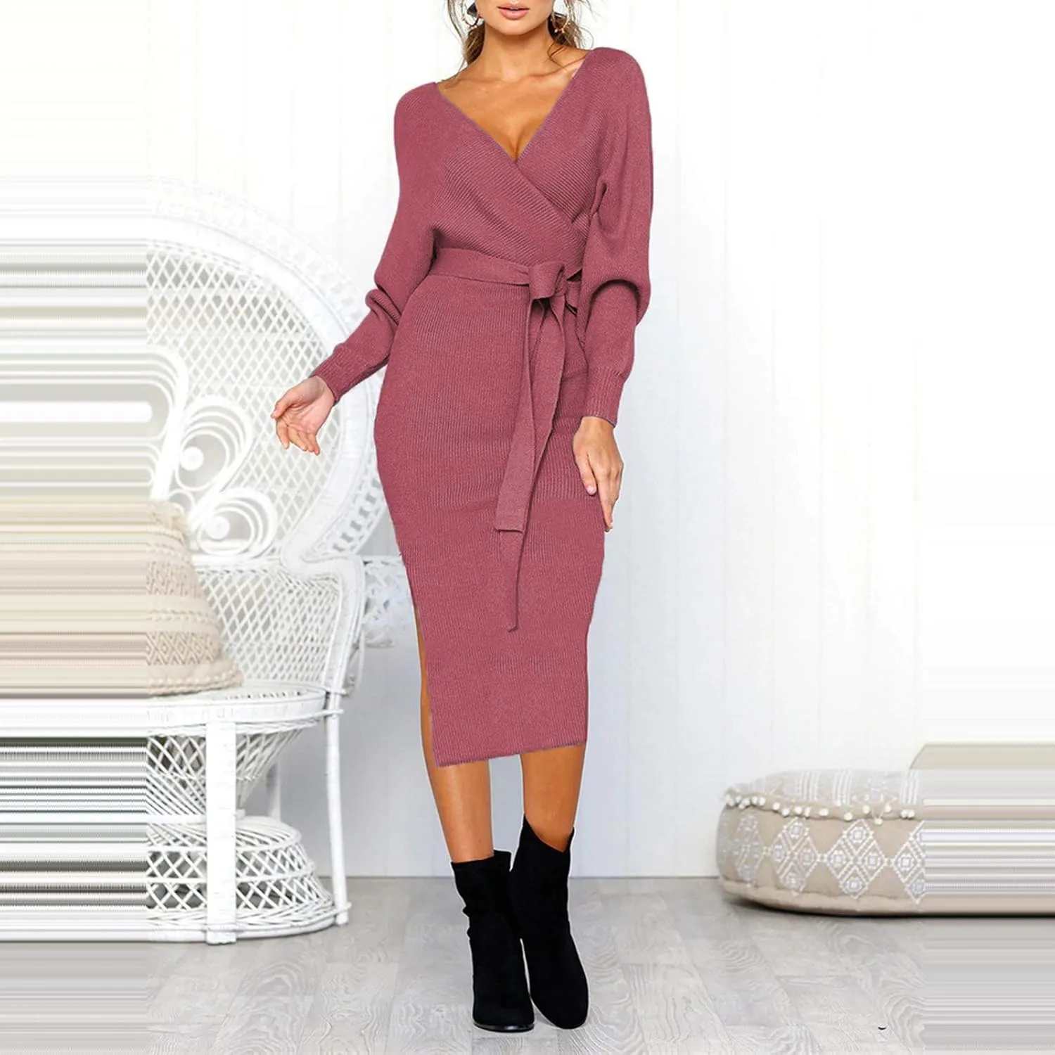 Women's Sexy Cocktail Batwing Long Sleeve Wrap Knit Sweater Dress Fashion V Neck Bodycon Pencil Midi Dresses