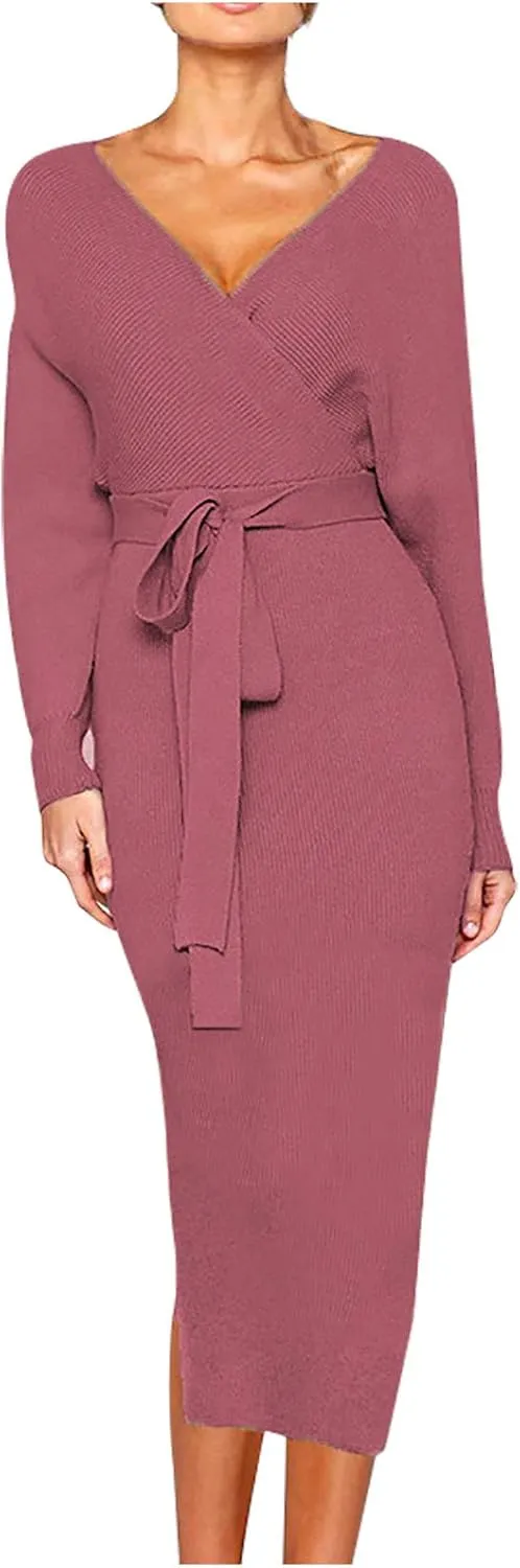 Women's Sexy Cocktail Batwing Long Sleeve Wrap Knit Sweater Dress Fashion V Neck Bodycon Pencil Midi Dresses