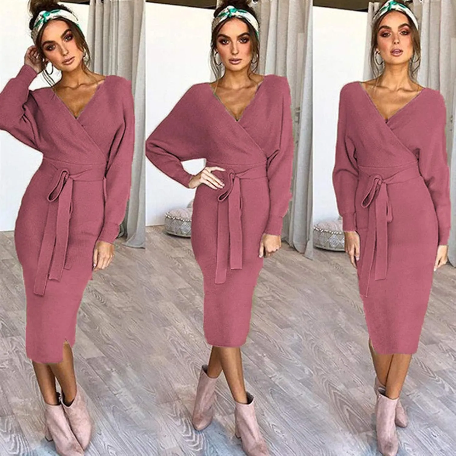 Women's Sexy Cocktail Batwing Long Sleeve Wrap Knit Sweater Dress Fashion V Neck Bodycon Pencil Midi Dresses