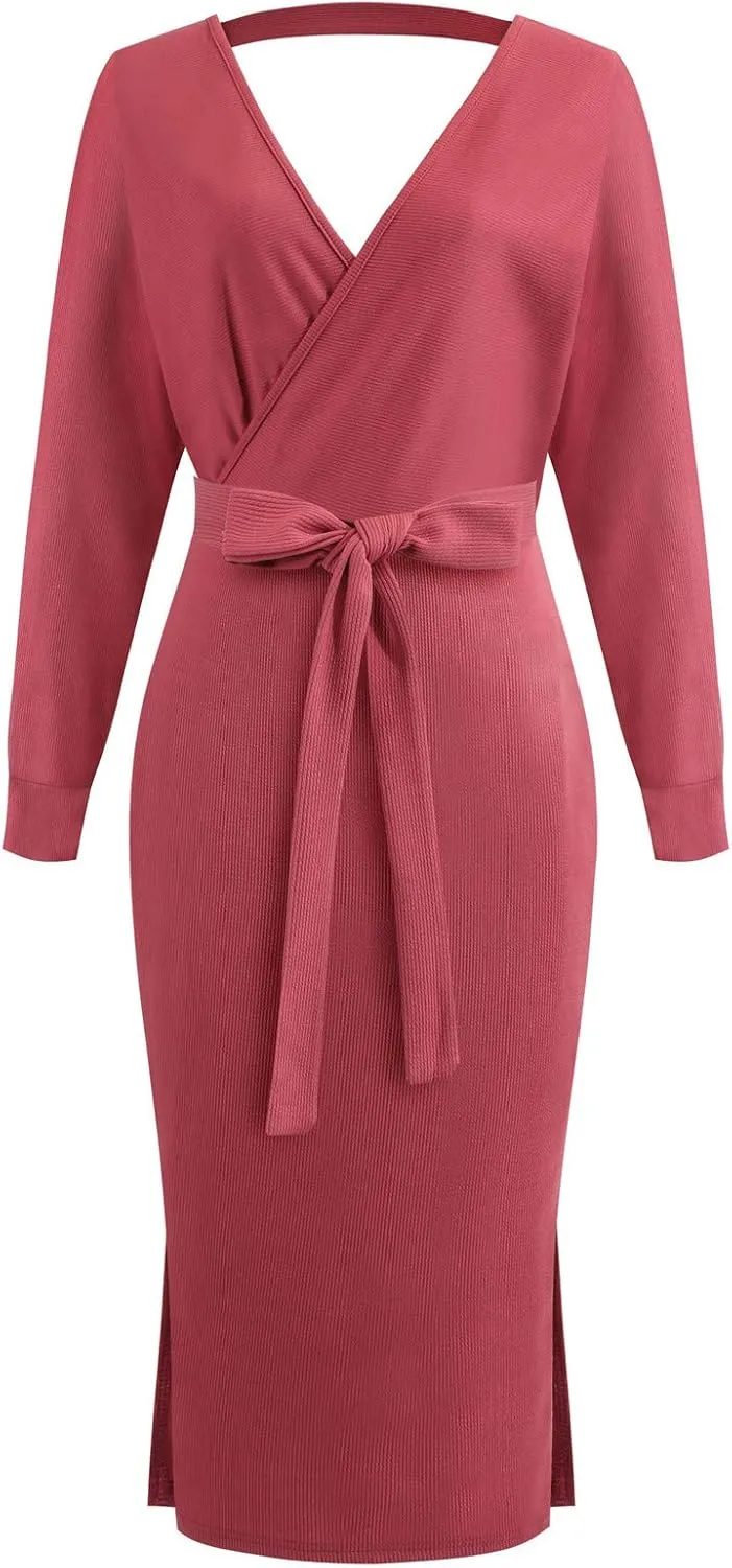 Women's Sexy Cocktail Batwing Long Sleeve Wrap Knit Sweater Dress Fashion V Neck Bodycon Pencil Midi Dresses