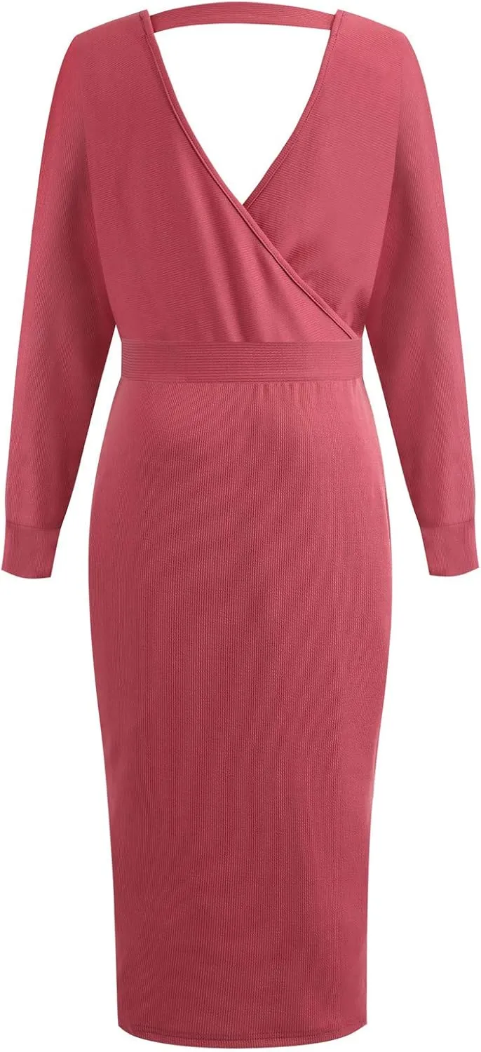 Women's Sexy Cocktail Batwing Long Sleeve Wrap Knit Sweater Dress Fashion V Neck Bodycon Pencil Midi Dresses