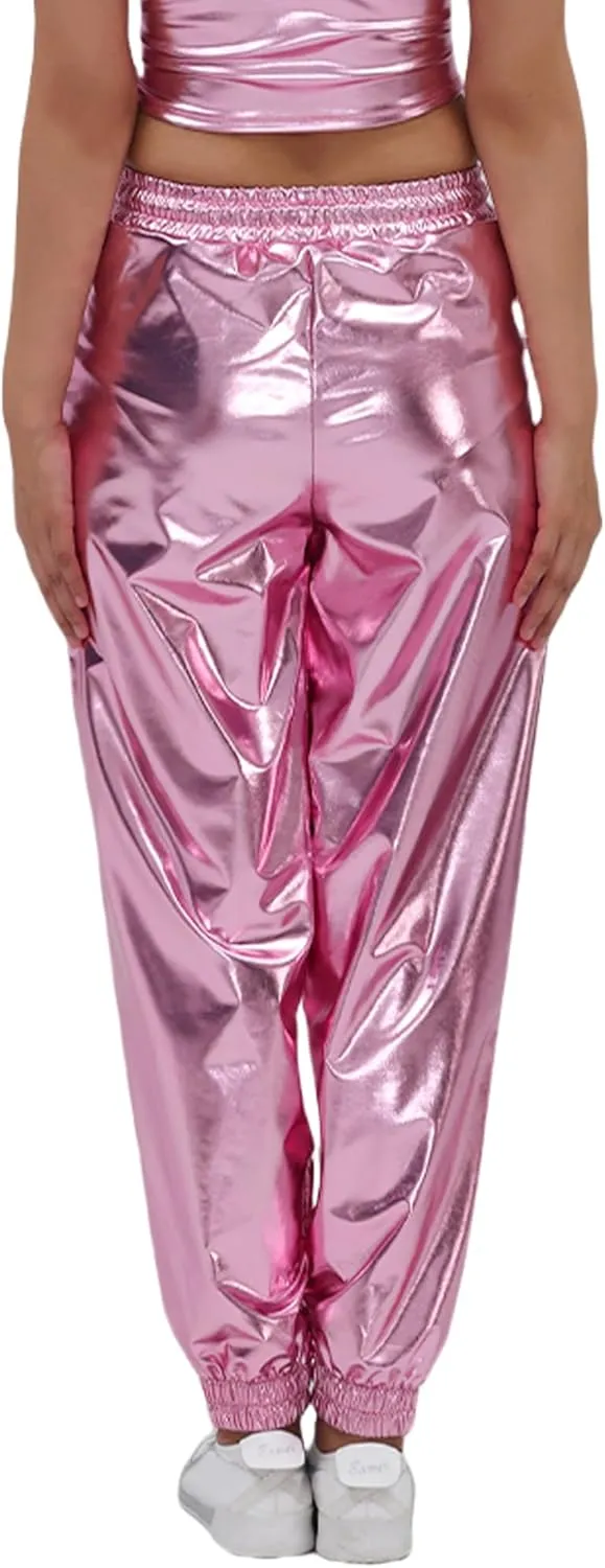 Women's Shiny Metallic Pants Wet Look Hip Hop Jogger Sweatpants Holographic Glitter Pants Rave Dance Pants with Pockets