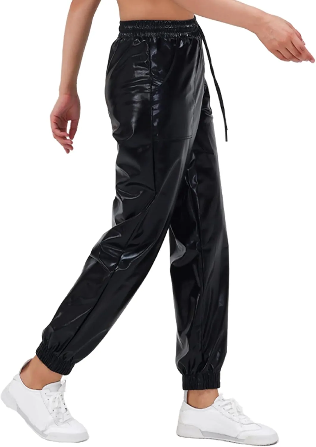Women's Shiny Metallic Pants Wet Look Hip Hop Jogger Sweatpants Holographic Glitter Pants Rave Dance Pants with Pockets