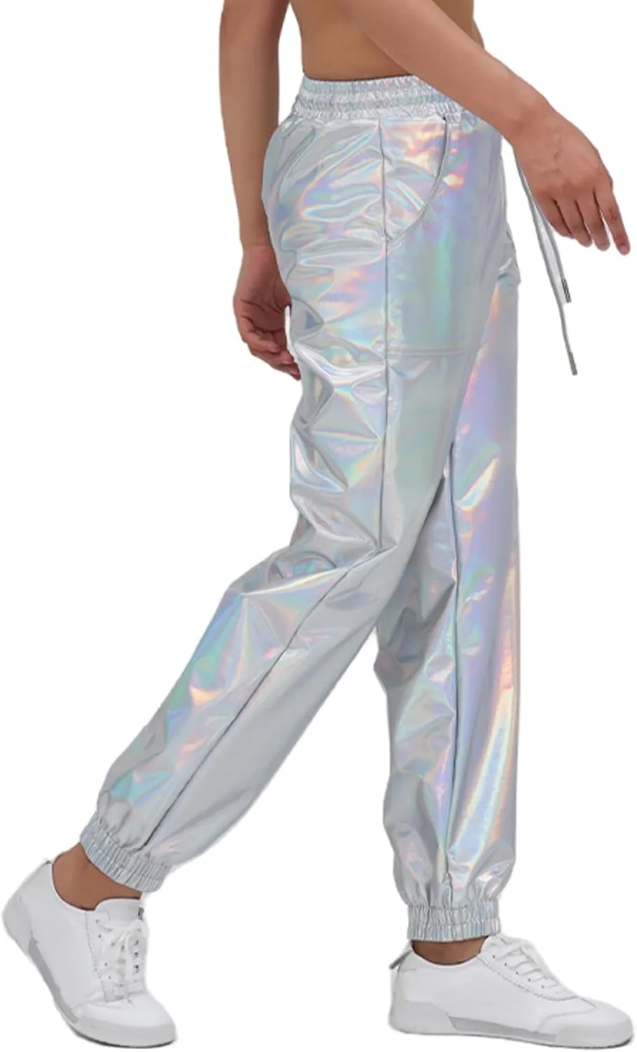 Women's Shiny Metallic Pants Wet Look Hip Hop Jogger Sweatpants Holographic Glitter Pants Rave Dance Pants with Pockets